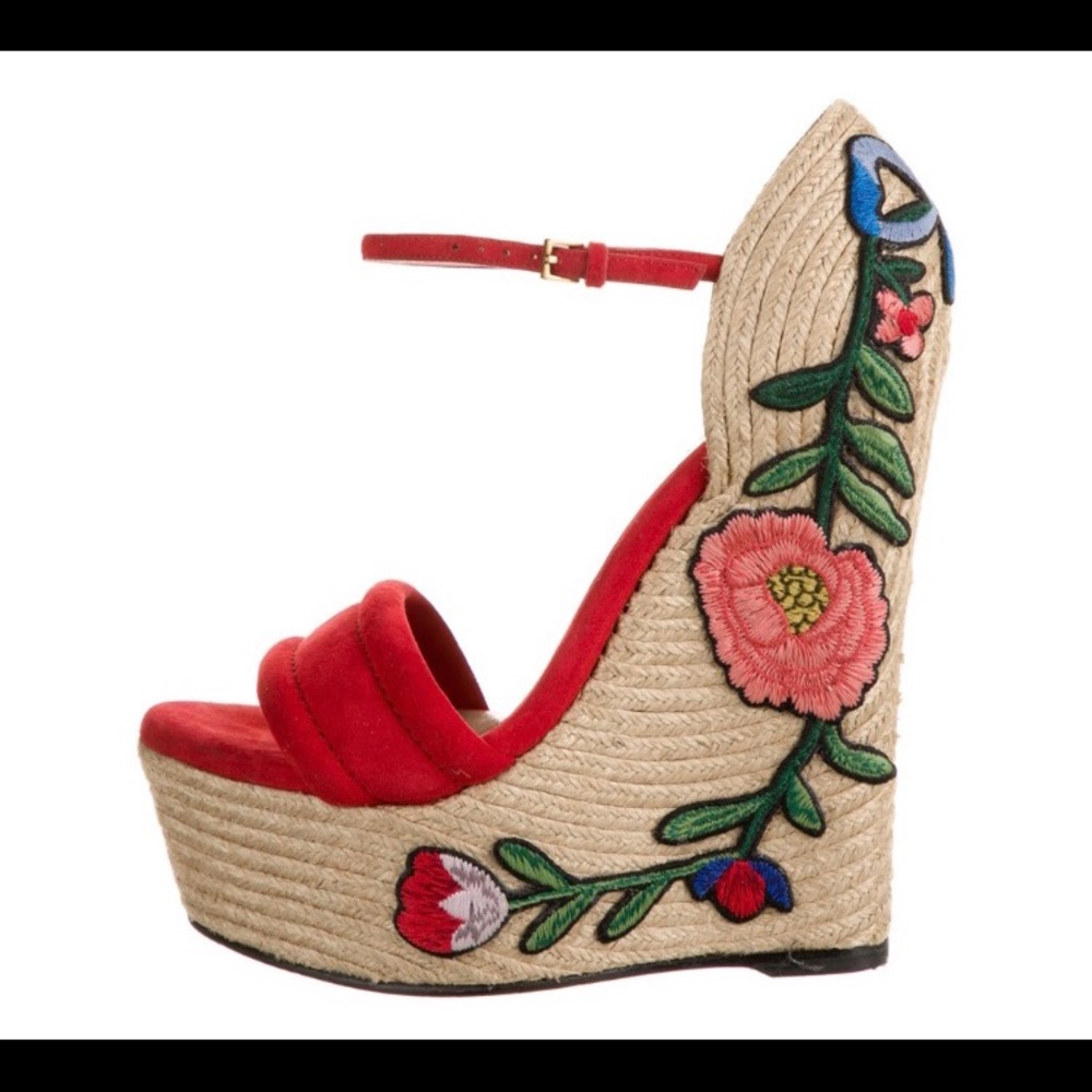 Gucci Floral Embroidered Espadrille Wedge Sandals